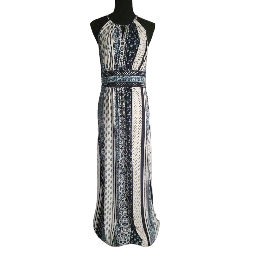 London Times Blue & White Design Maxi Dress Sz.8 NWT